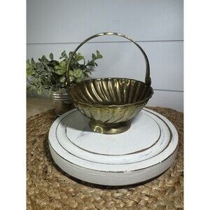 Vintage Small 5” Brass Footed Basket With Hinged Handle Swirl India